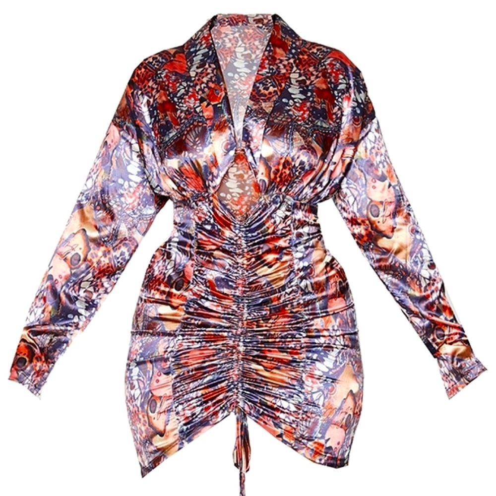 Pretty Little Thing Brown Multi Butterfly Satin Ruched Bodycon Dress, Size 22